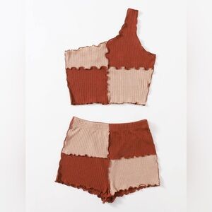 One-Shoulder Patchwork Top and Shorts Set
